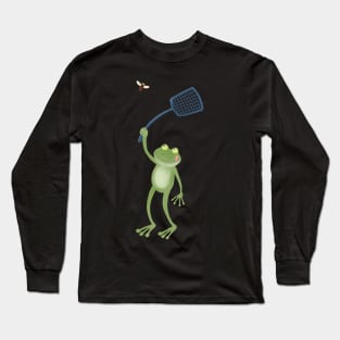 Funny green frog swatting fly cartoon Long Sleeve T-Shirt